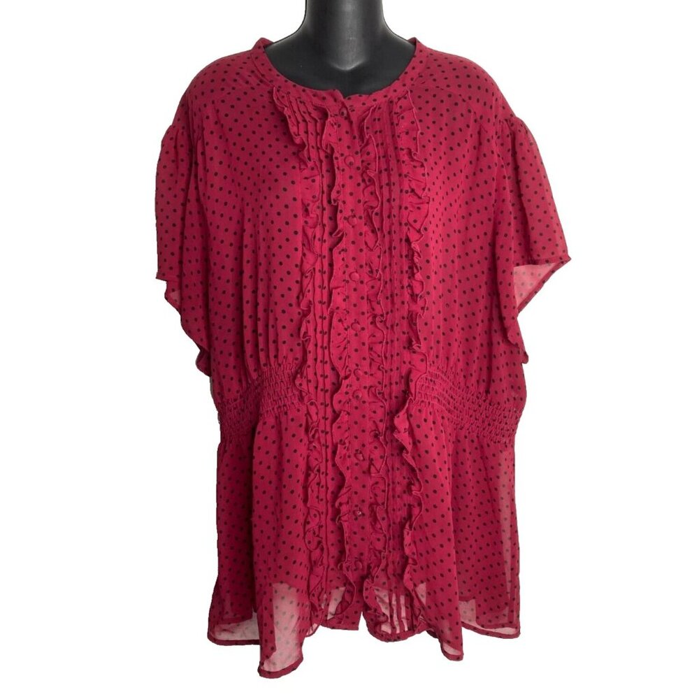Torrid Womens Blouse Top Size‎ 4 Sheer Ruffles Red Polka Dot Short Sleeve Career